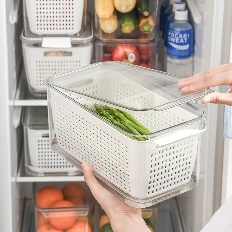 

Plastic Crisper Refrigerator Storage Box, Drain Basket, Washing Fruits and Vegetables with Lid, White Storage Container, Kitchen