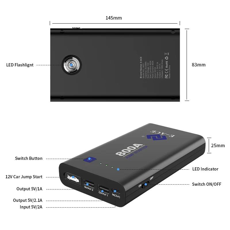 E ACE стартер для автомобиля power bank 800A 12V пусковое устройство автомобиля|Пусковое