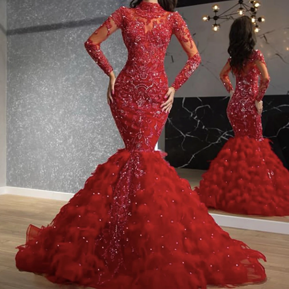

red prom dresses 2020 long sleeve beading sequins pearls feather floor length evening dresses long mermaid evening gowns