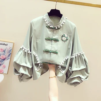 

2020 Spring New Korean-Style Fresh Floral Embroidered Tassel Pompom Button Lantern-Sleeve Shirt Women's Casual Blouses Tops