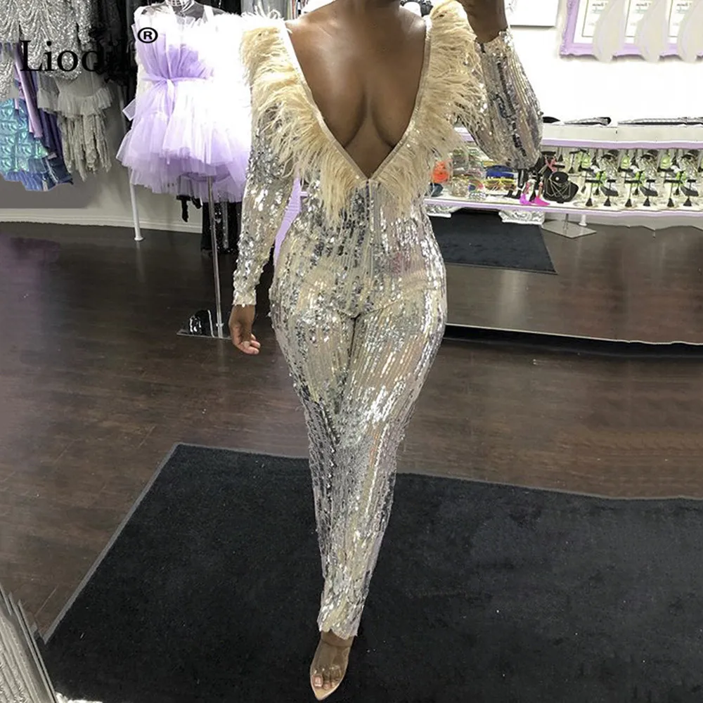 Liooil Feather Sequin Sexy Backless Jumpsuits For Women Long Sleeve Deep V Neck Apricot Party Club Rompers Bodycon Jumpsuit