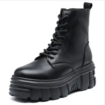 

Y12 2020 New Genuine Leather Boots Women Boots Platform Women Autumn Winter Black Motorcycle Boots Waterproof Thick Heel Shoes