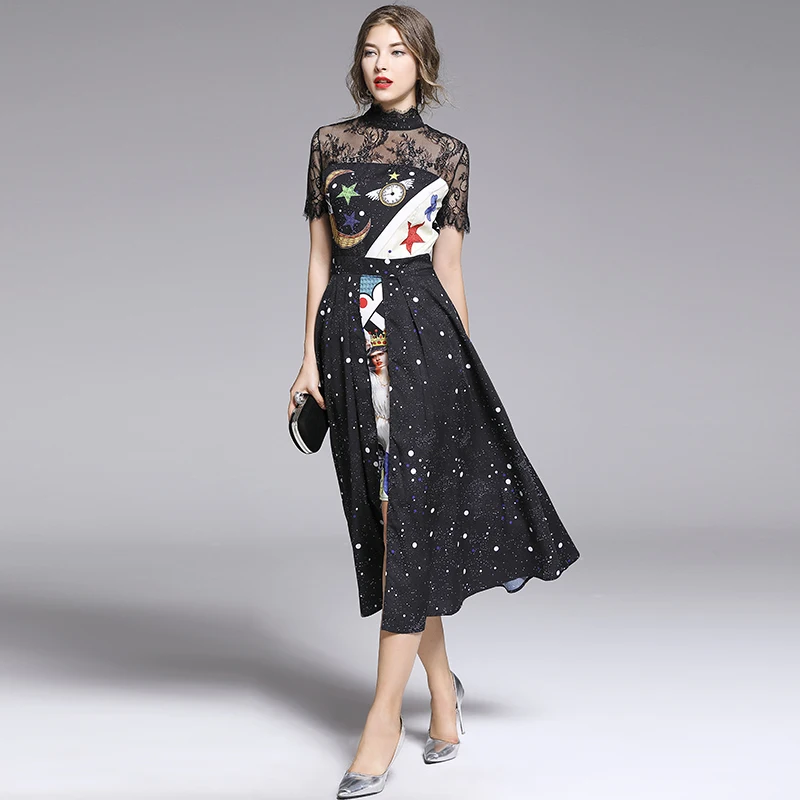 

Women lace patchwork dress 2019 summer Elegant Designer sexy Female Party vintage print see through black dress