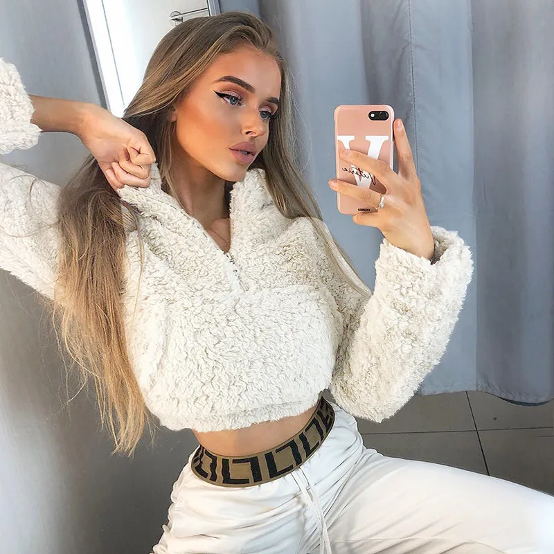 

long sleeve zipper pocket patchwork Faux lambswool crop tops autumn winter women streetwear solid coat jacket