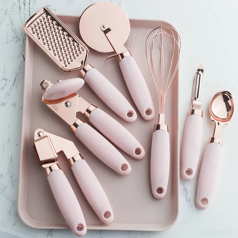 7PC Kitchen Gadget Set Rose Gold Stainless Steel Garlic Press Cutter Scoop  peeler cheese Grater Kitchenware Kitchen Accessories