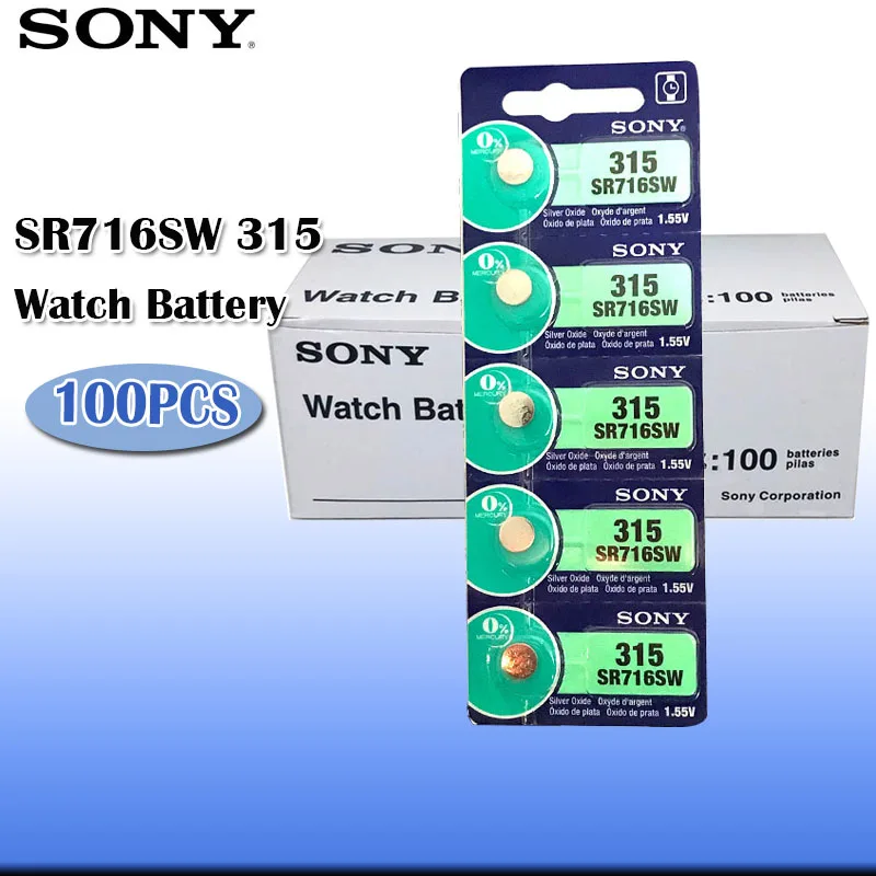 100pcs Sony Original 315 SR716 SR716SW 1.55V Silver Oxide Watch Battery 315 SR716SW SR716 Button Coin Cell MADE IN JAPAN