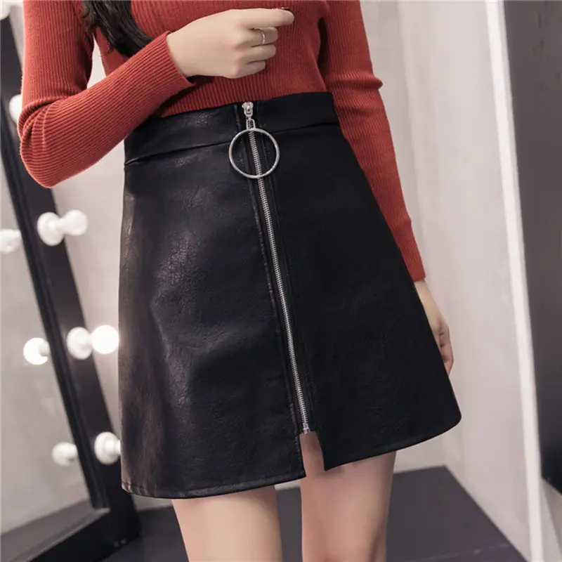 Falda De Cuero Sintético Para Mujer - Cintura Alta, Cremallera, Bolsillo, Negra, Talla M