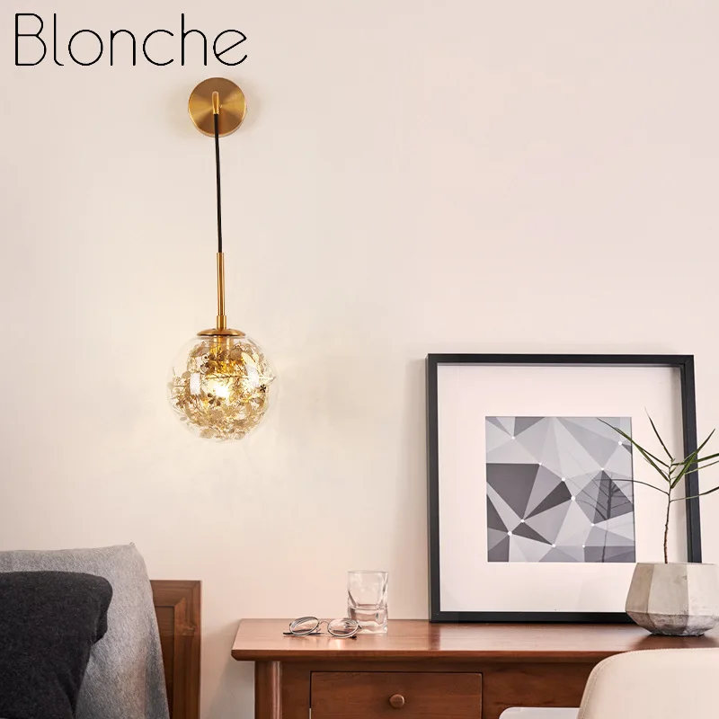 Современный настенный светильник Blonche, настенный светильник со стеклянными шариками, Светильники для скандинавского дома, спальни, гостиной, Декор, лампа E27, железные художественные светильники