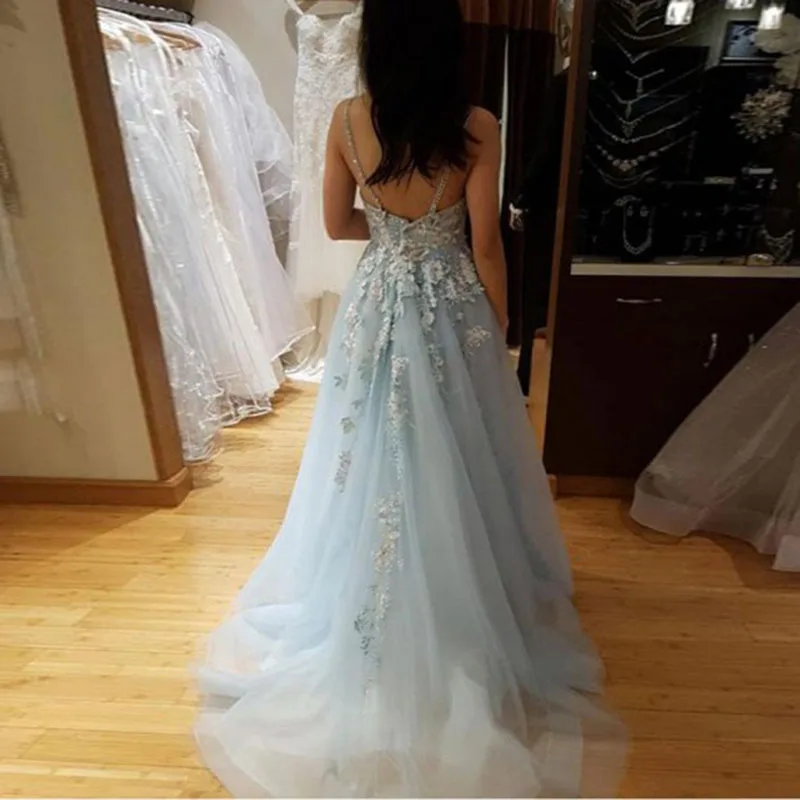 Vestidos de gala светильник голубое платье для выпускного вечера с бисером аппликации тюль кристаллы вечернее платье сексуальное ТРАПЕЦИЕВИДНОЕ выпускное платье