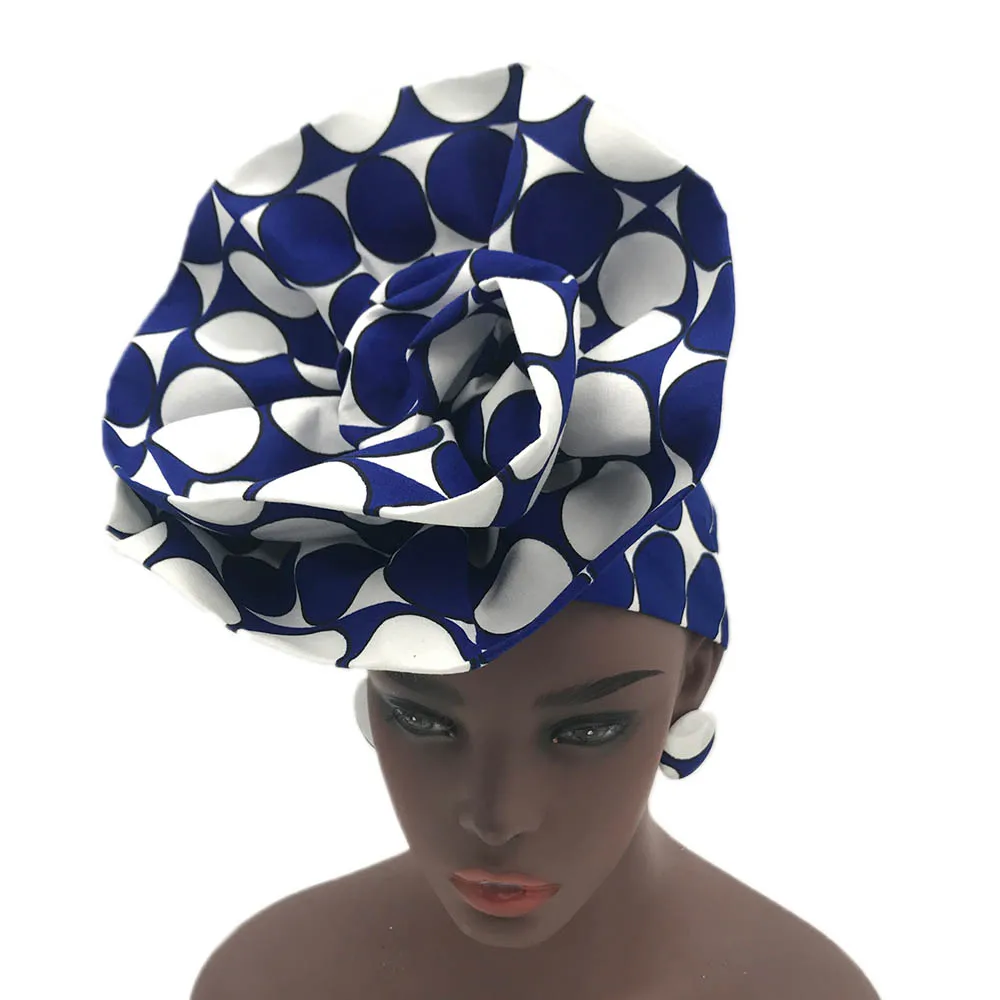 African headwrap flower shape headtie turban wax fabric nigerian headwear auto gele print wax headgear (21)
