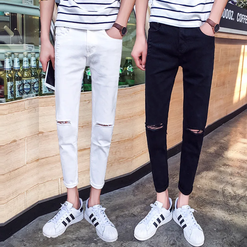2022 Wholesale Teenagers Street Men's Ankle Length Jeans Boy Ripped Holes Slim Feet Summer Youth Pants Trendy Pencil Pants