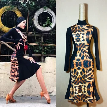 

Latin Dance Costume Women Leopard Black Long-Sleeve Clothing Latin Dance Competition Dress Rumba/Tango Performance Outfit DQL839