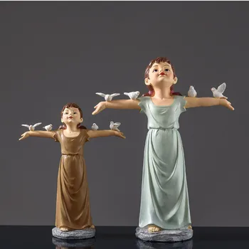 

Nordic Peaceful Girl Art Sculpture Retro Character Pigeon Figurine Resin Crafts Creative Home Decoration R4994