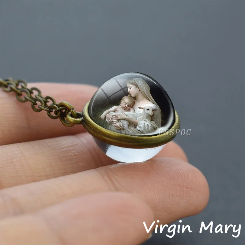 

Virgin Mary with Baby Jesus Religious Art Glass Pendant Necklace Christian Gifts Saint Michael Patrick Faith Necklace