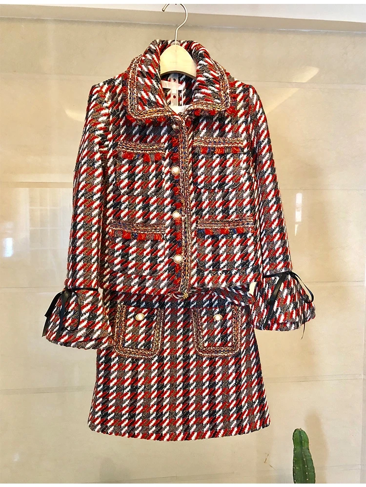 Autumn Plaid Tweed 2 Piece Set Winter Women Elegant Flare Sleeve Pearl Button Jacket Coat+High Waist Wool Mini Skirt Suits