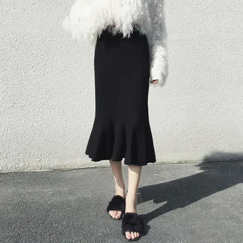 

2019 Autumn Winter Women Knitted Mermaid Skirt Vintage High Waist Slim Black/Khaki Fish Tail Midi Long Sweater Skirt B038