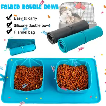 

Foldable Pet Feeder Portable Silicone Non-slip Double Basins Dogs Cats Feeding Bowl Feeder Easy Cleaning Pet Supplies For Travel