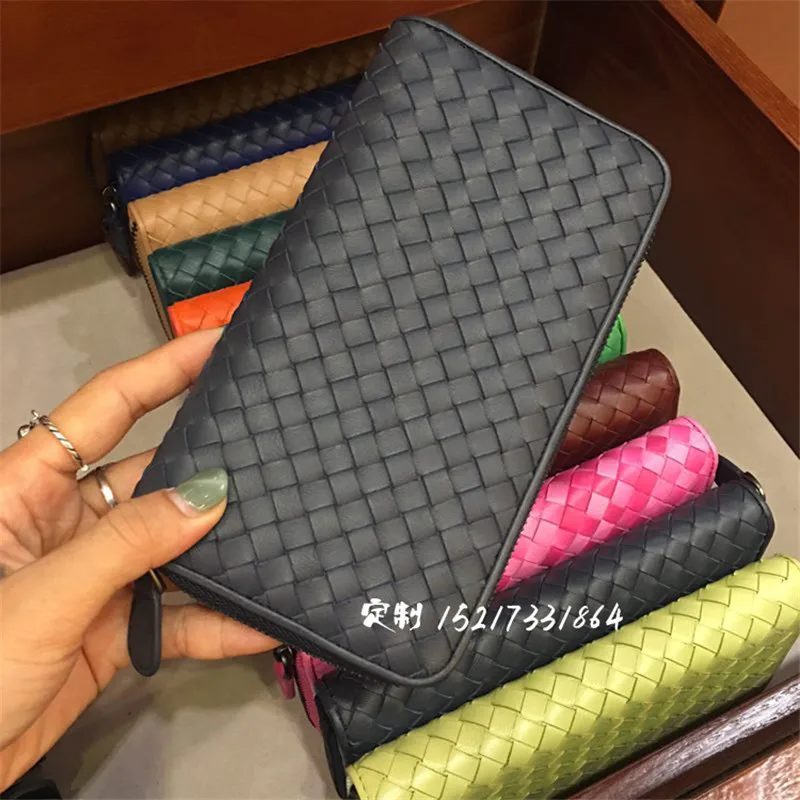 

High Quality Sheepskin Weave Women Long Wallets Purse Genuine Leather Designer Zipper Handmade Woven Lambskin Wallets Handbags
