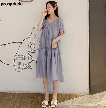

Poungdudu maternity pregnant women dress long coat loose fashion large size chiffon tide hot mom summer skirt