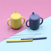 Bouteille d'eau en Silicone pour bébé, 200ml, avec couvercle, en paille, avec Double poignée et rabat 