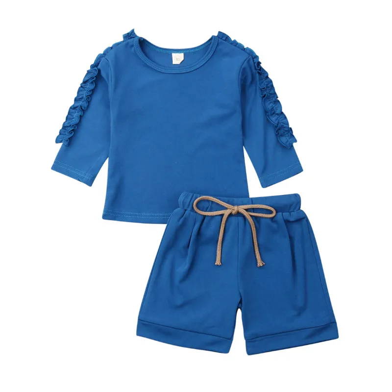 

Toddler Kids Baby Girl 2PCS Spring Autumn Cotton Clothes Long Sleeve Ruffles Patchwork Solid Color Tops Shorts Outfits
