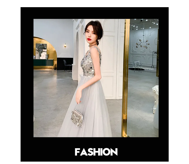 Robe De Soiree сексуальное платье с v-образным воротом, платье трапециевидной формы без рукавов, с блестками вечерние платья Длинные Новое поступление Свадебные Вечерние платья ES3001
