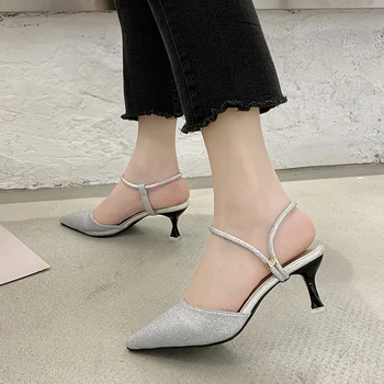 

Summer Designer New Concise Sequined Cloth Thin Heels Pointed Toe Casual Large Size Black Women's High Heels Shoes Sexy Fashion