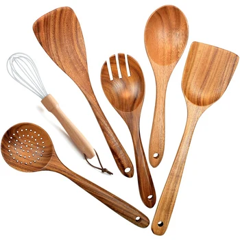 

Wooden Utensils for Kitchen,6Pcs Wooden Spoons for Cooking Wood Spatula Draining Spoon Whisk,Salad Fork,Cooking Utensils