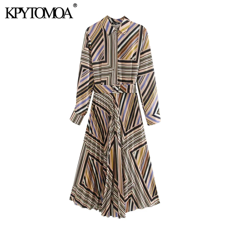 KPYTOMOA Women 2020 Chic Fashion Office Wear Striped Pleated Midi Dress Vintage Long Sleeve With Belt Female Dresses Vestidos