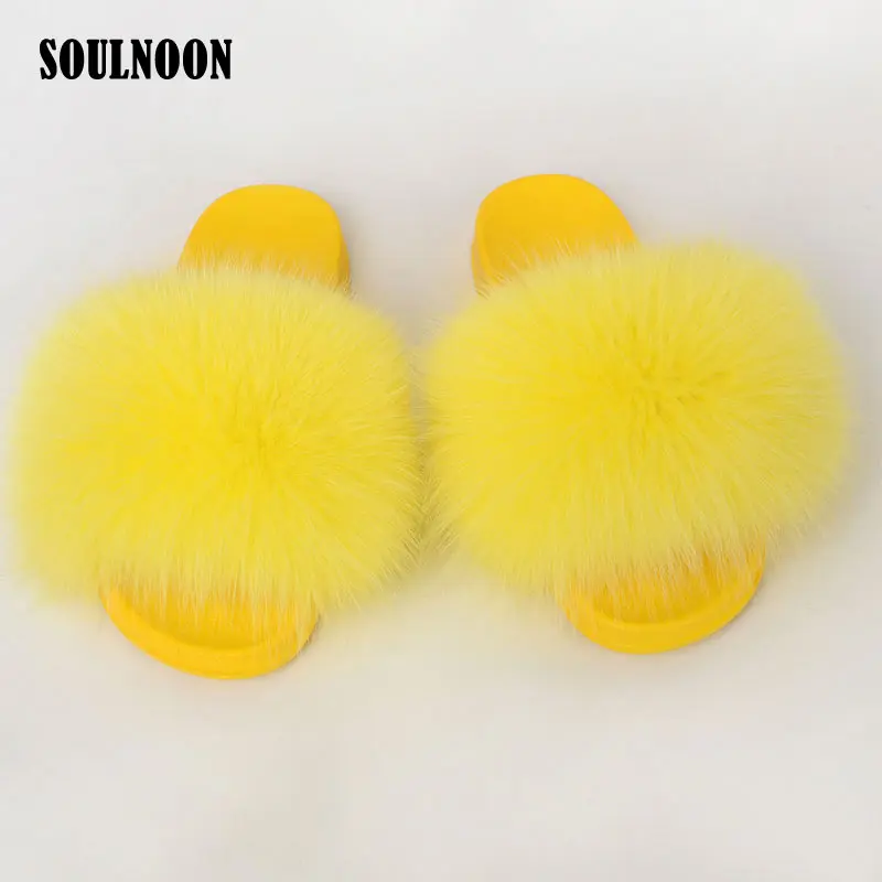 

Women's Luxury Slides Summer Fur Slippers Sandals Real Fox Fur Flip Flops Soft Bottom Flat Home Slippers Yellow Pink Plush Shoes
