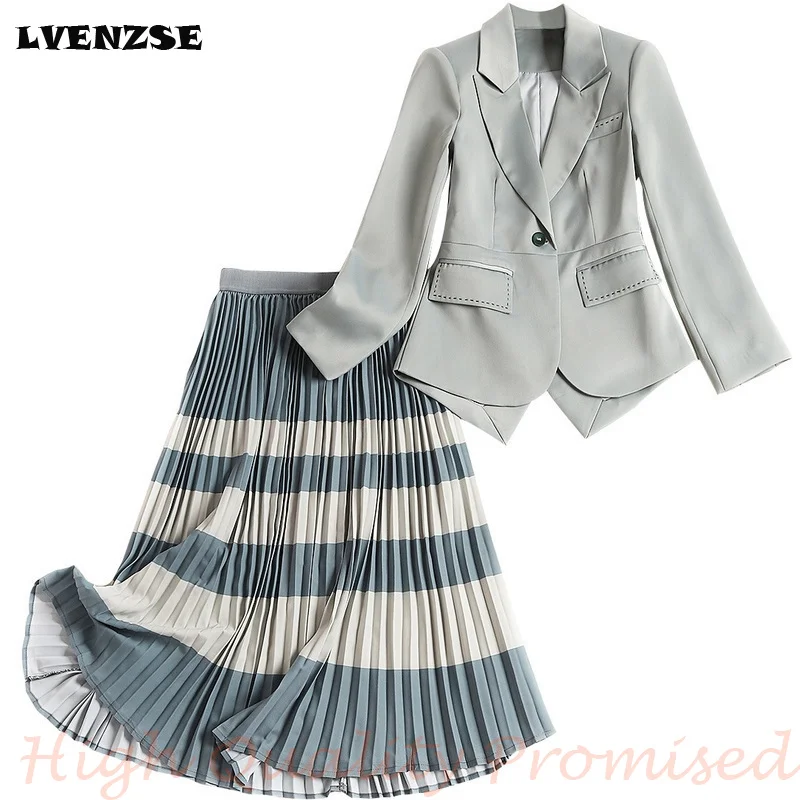 

LVENZSE Fashion Women Skirt Suits One Button Notched Striped Blazer Jacket and Slim Mid Skirt Two Pieces OL Sets Female Outfits