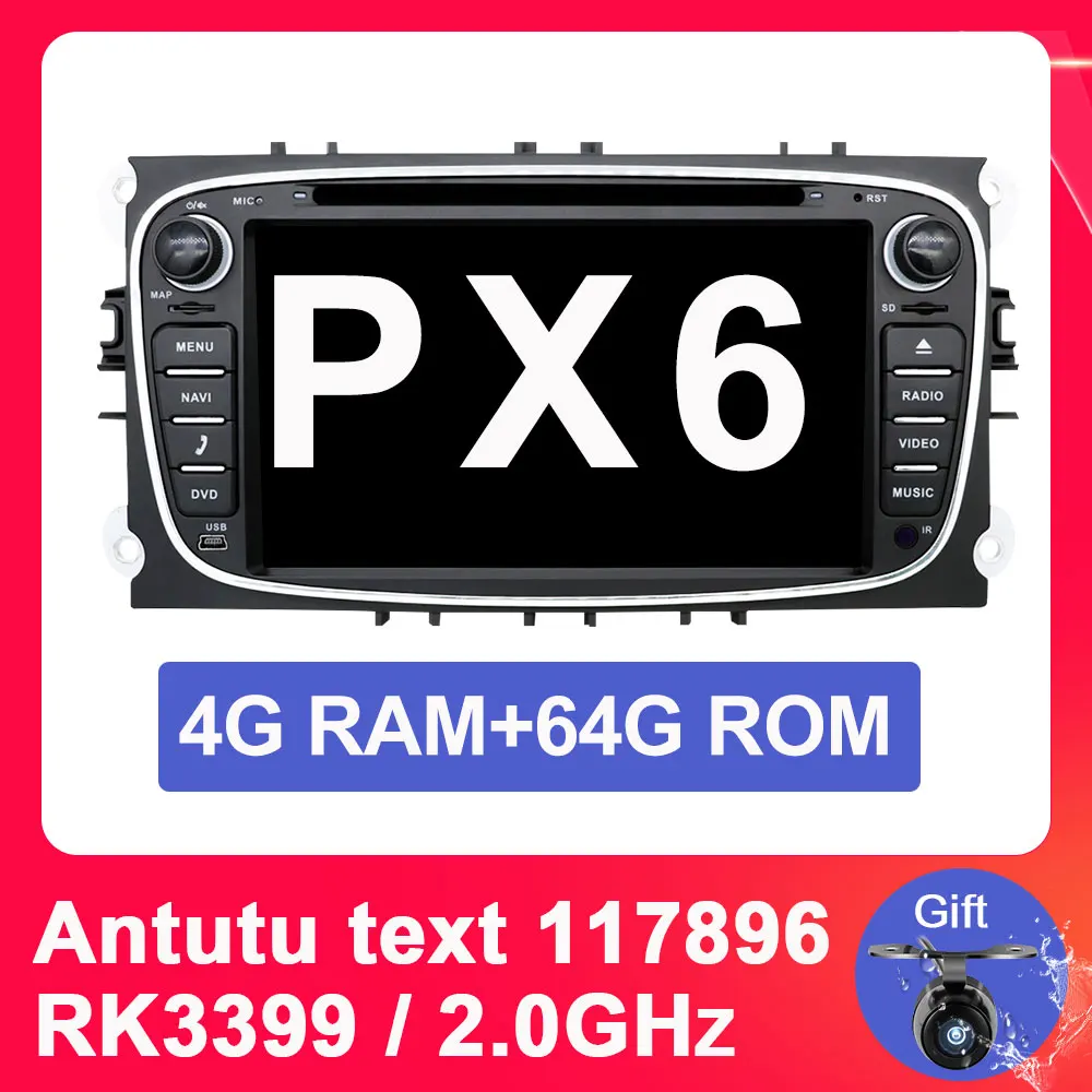 Eunavi 2 din Android 9,0 автомобильный dvd-плеер для Ford focus II Galaxy Transit Tourneo Mondeo 2din gps мультимедиа радио головное устройство ips - Цвет: BLACK 4G 64G PX6