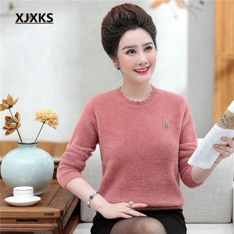 XJXKS ropa mujer Invierno свитер большого размера элегантный кашемировый пуловер с длинными рукавами универсальные пушистые пуловеры женский свитер - Цвет: Розовый