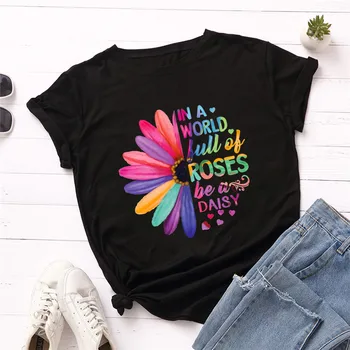 

Plus Size S-5XL Colorful Dasiy Print T-shirt Women Shirts 100%Cotton O Neck Short Sleeve Tees Summer Women T Shirt Female TShirt
