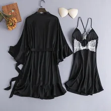 Черный пижамный комплект из 2 предметов, M-XXL, Женская кружевная Пижама, сексуальный халат, платье с v-образным вырезом, открытая спина, ночное кимоно, костюм для сна, ночная рубашка