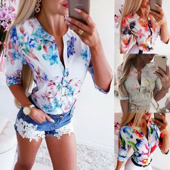 

Womens Spring Autumn Casual Flower Tops Blouse Long Sleeve V Neck Floral T-Shirt Office Ladies Top Shirts