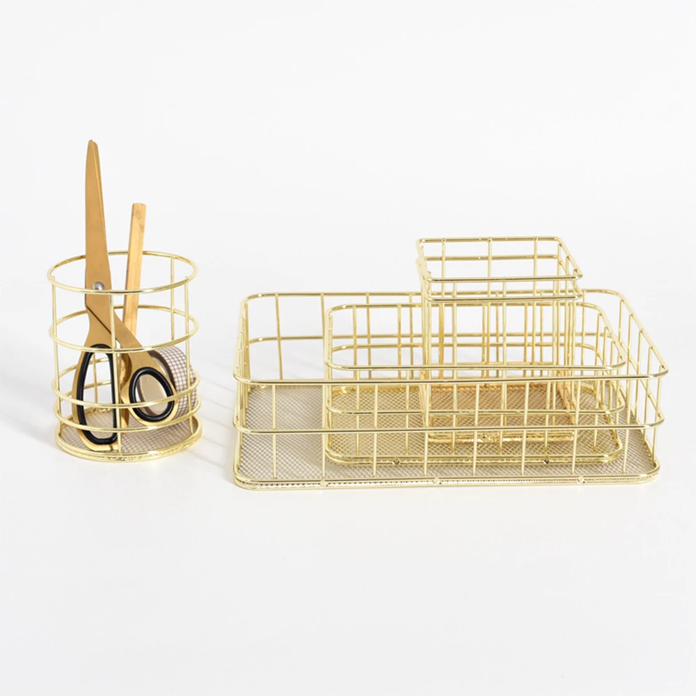 Hot Nordic Rose Gold Metal Wire Iron Storage Basket Office Desktop Sundries Makeup Brushes Holder Table Cosmetics Organizer Rack