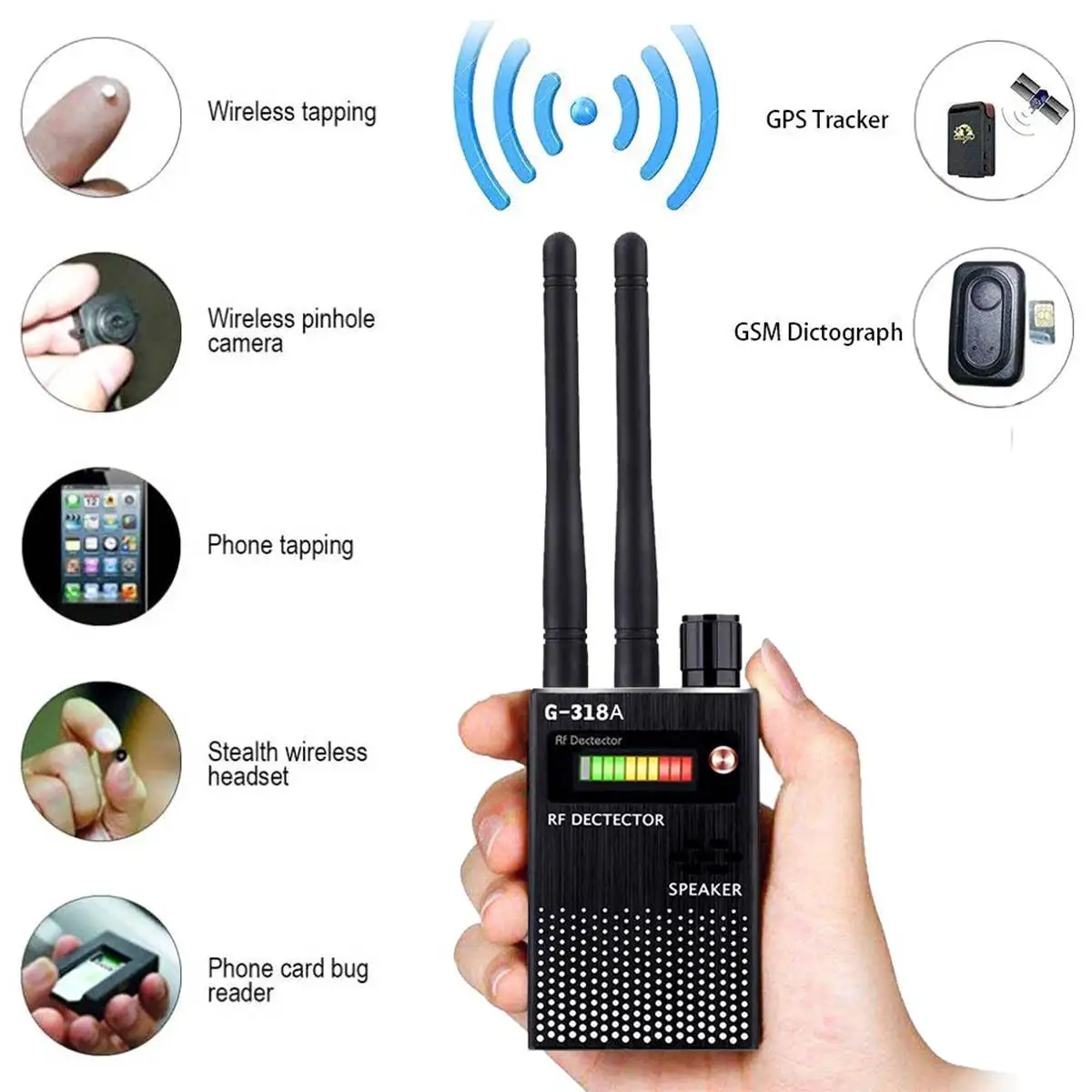 G318A Dual antenna Anti-Spy GPS Wireless Signal Automatic Detector Finder racker Frequency Scan Sweeper Protect Security