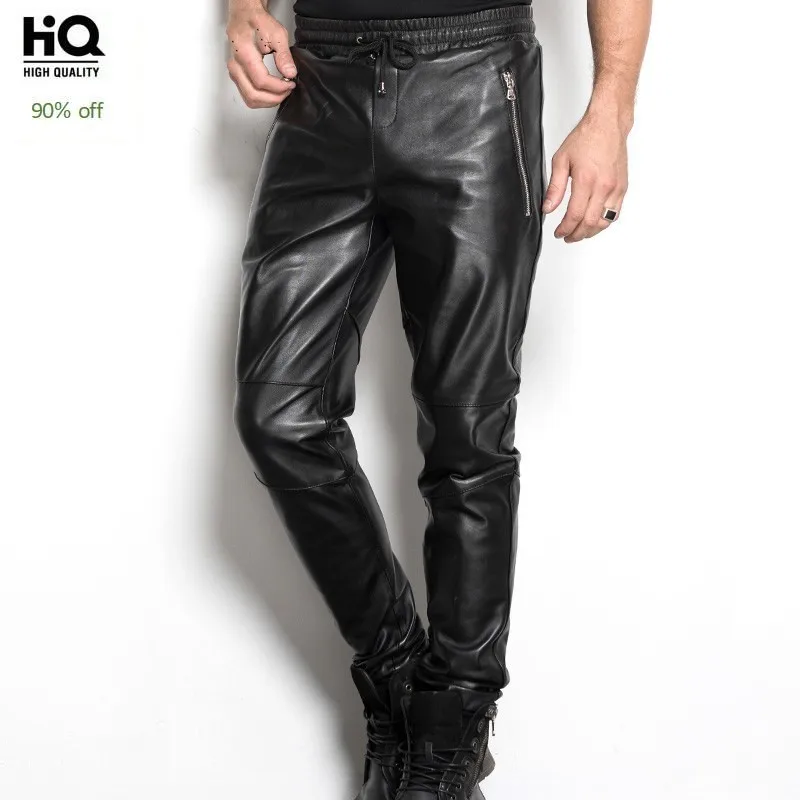 Высококачественные мужские длинные брюки из натуральной кожи модные штаны с