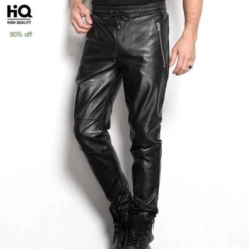 

High Quality Mens Genuine Leather Full Length Trousers Fashion Drawstring Waist Motorcycle Sheepskin Slim Fit Windproof Pants