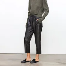 Echtem Leder Pluderhosen frauen Echt Schaffell Hosen Hohe Taille 2021 Neue Elastische Taille Streetwear Plus Größe hosen