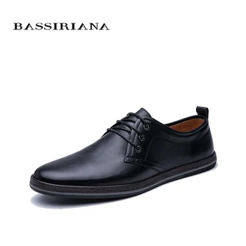

Bassiriana 2020 spring new men's casual shoes, black leather, lacing flat bottom, comfortable rubber outsole shoes