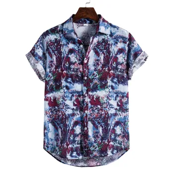 

Blue t shirt Korean Clothes Mens Blouse Linen Ethnic Short Sleeve Casual Printing Hawaiian Shirt Blouse chemise homme