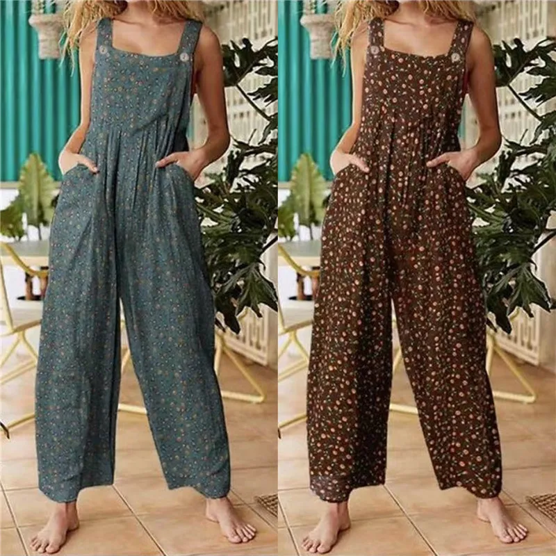 Summer Women Floral Jumpsuit Sleeveless Overalls Boho Casual Loose Playsuit Long Pants Romper Wide Leg Dungarees Retro Trousers