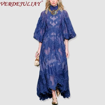

Fashion Midi Dress Women's Lantern Sleeve Floral Embroidery Lace Elegant Long Ladies Party Dresses