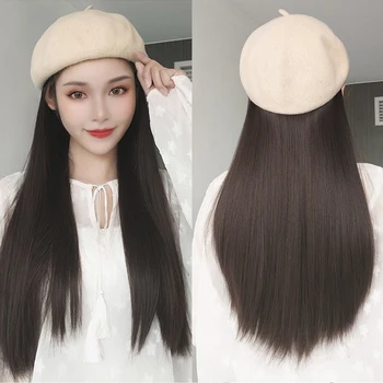

MUMUPI Synthetic Long Straight Wigs with Beret Hat Fashion New Autumn Winter Cap Hair Wig Hair Extensions for Women