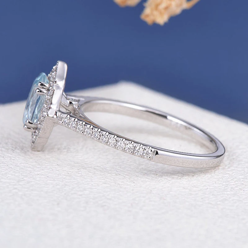 CxsJeremy Aquamarine Oval Cut 5*7mm Moissanite Engagement Ring 14K Au585 White Gold Halo Wedding Band Milgrain Anniversary Gift - Image 4