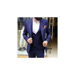 2022 Latest Peak Lapel Design Men's Navy Blue Suits Custom Made Single Breasted Fashion Casual Wear Blazer 3 Pieces Skinny