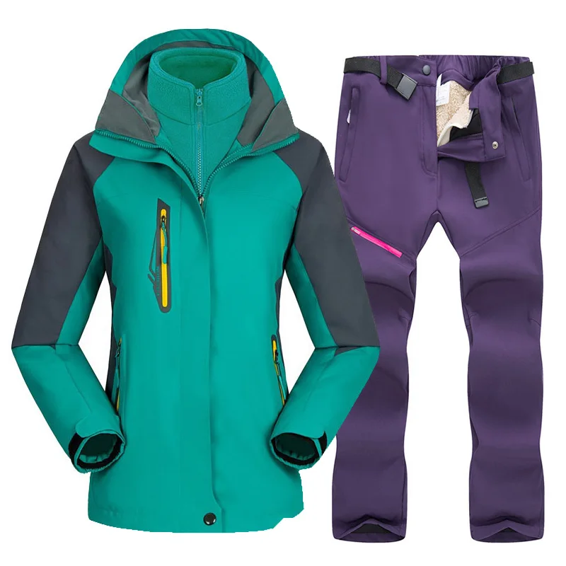 Dark green Purple 30 градусов зимний лыжный костюм для женщин теплые зимние лыжные куртки комплекты для спорта на открытом воздухе водонепроницаемый ветрозащитный лыжный сноуборд куртки и брюки - Цвет: Dark green Purple