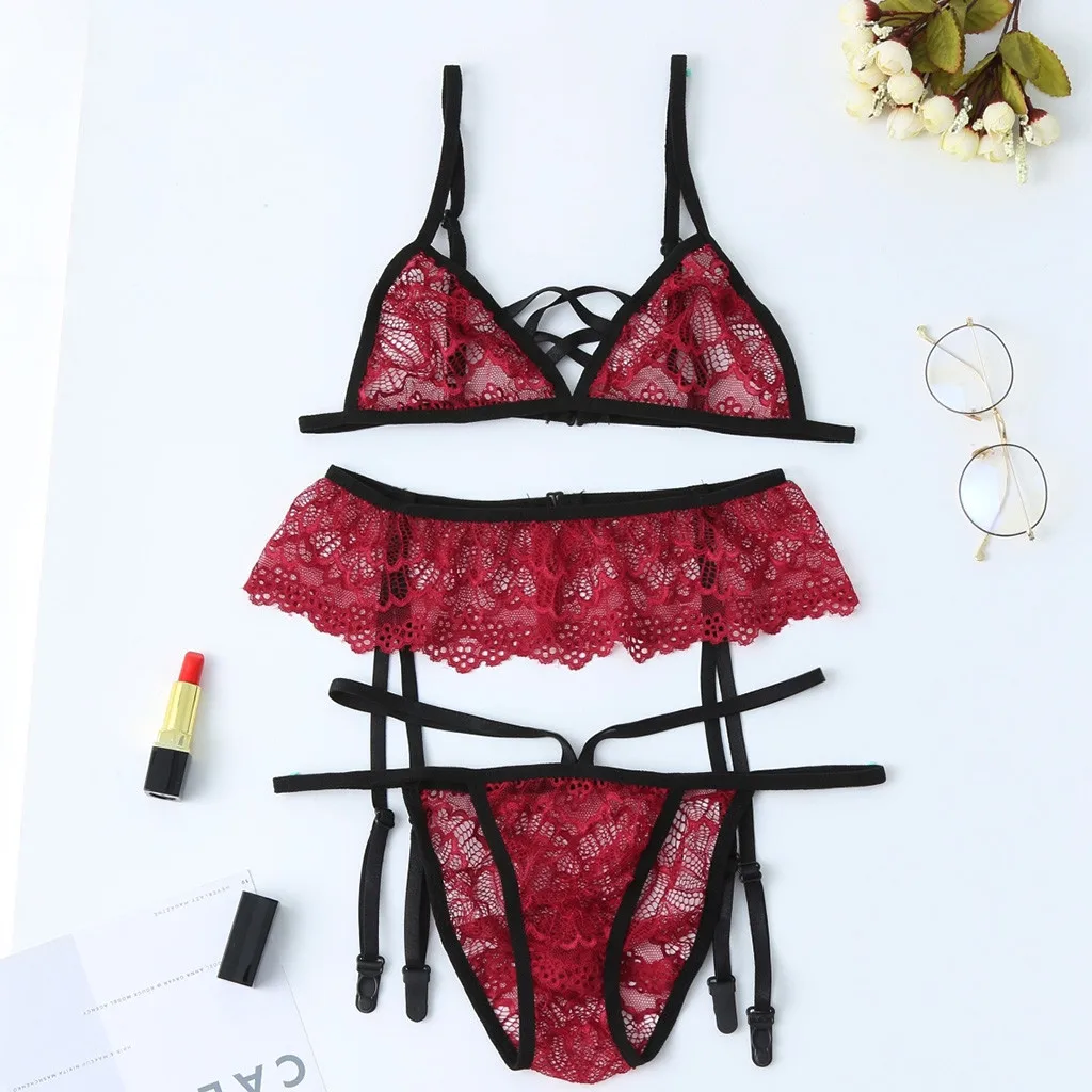 

3-Pc Women Lingerie Lace Erotic Temptation Straps Bra and Panty Garter Set Underwear Babydoll Sous Vetement Femme Sexy Ensemble